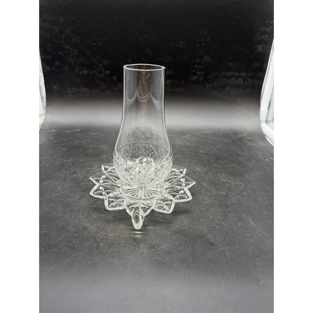 Vintage Clear Pressed Glass Votive Candle Holder with Chimney Shade 2 Piece Set